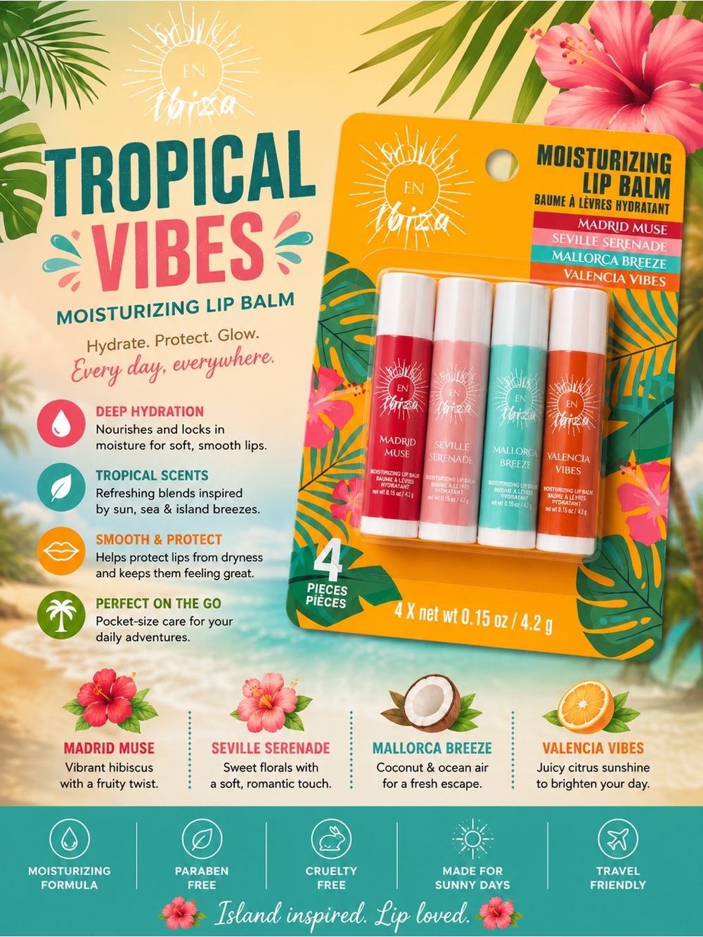 Tropical Vibes Moisturizing Lip Balm Set — Pink, Teal, Orange, Red (4-Pack)